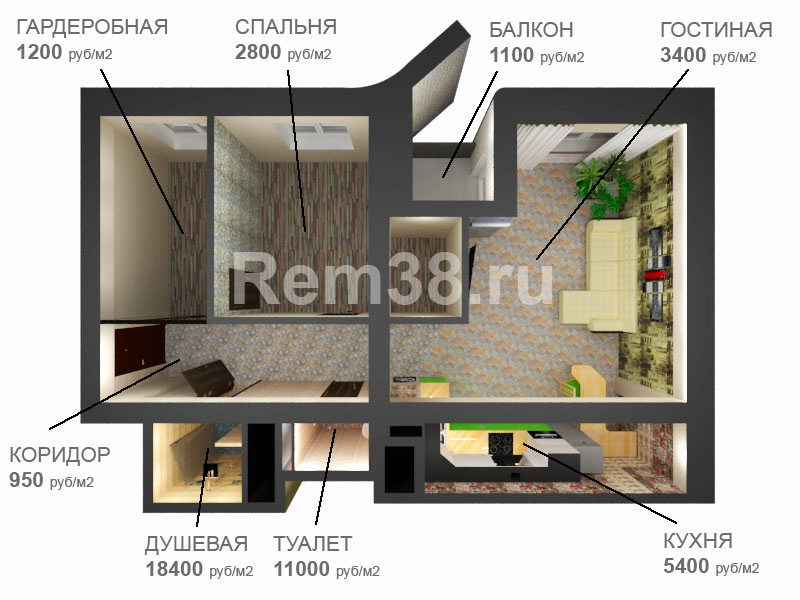 стоимость ремонта кухни, туалета, ванной, гардеробной, спальни, гостиной, душевой